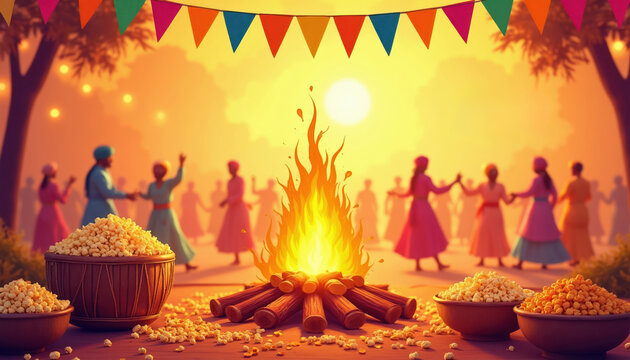 People dance around bonfire eating popcorn during Lohri festival celebration. This is Indian harvest holiday event with traditional music and drums. Night party joy.
