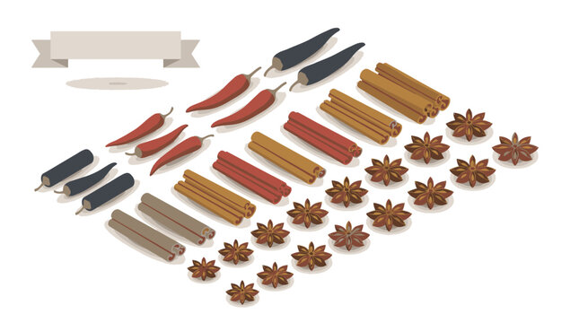 Isometric pixel art collection of spices including chili peppers, cinnamon sticks, and star anise on a white background, cooking ingredients illustration