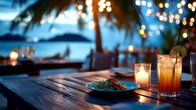 Outdoor caf bar restaurant. A vivid, nighttime scene at a tropical beachfront restaurant. The main subject is a wooden table with a glass of iced tea, a slice of lime, and a plate of salad.