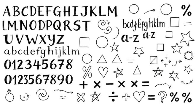 Vector alphabet, symbols, and icons set, black and white graphics, typography elements, web design shapes