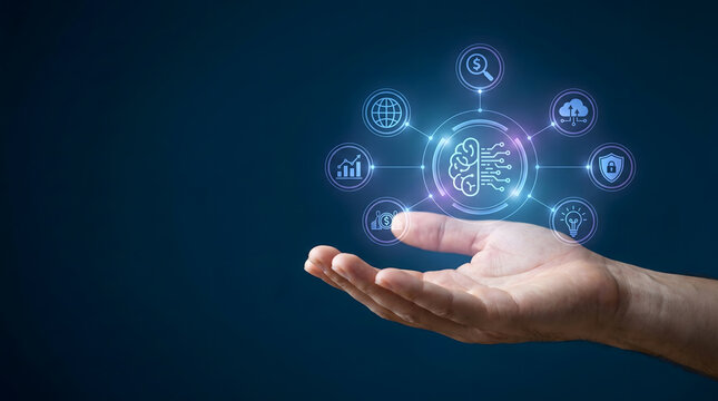 Document management system and digital archiving concept. Businessman holding a tablet with glowing folder, search, and file security icons.