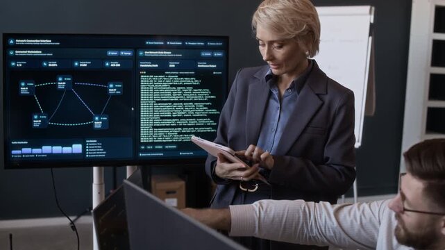 Zoom in shot of diverse tech specialists meeting in office, analyzing network data with programming codes on screens and digital tablet