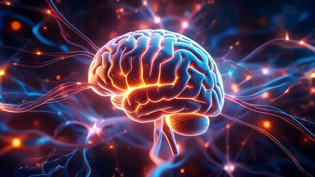 Vibrant glowing brain with neural connections in a dark environment viewed closely