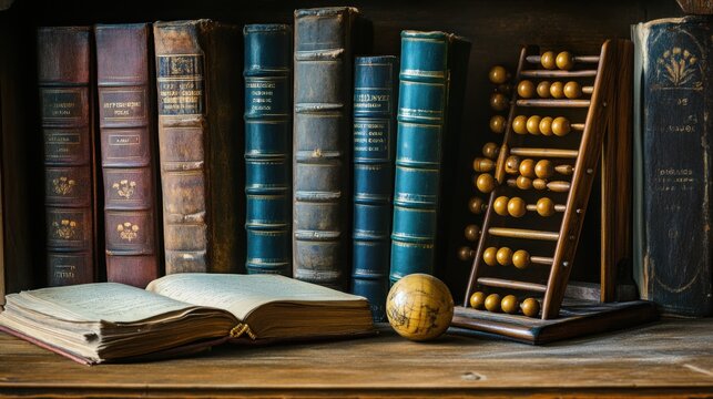 Vintage wooden abacus beside old books on a shelf symbolizing education and calculation
