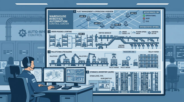 Control room operator monitors complex digital display screens.