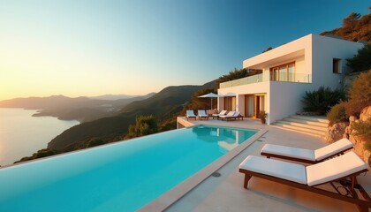 Fototapeta premium Luxury villa with infinity pool overlooks sea and hills. White modern house has lounge chairs on patio. Sunrise paints sky with soft colors, creating serene atmosphere for vacation.