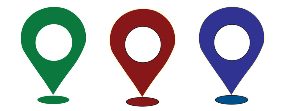 Three colorful location map pins in green red and blue colors