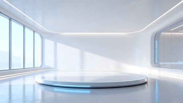 Futuristic white room with circular platform