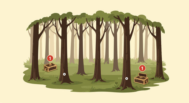 Flat forest landscape with treasure chests, woodland scene with tall trees and hidden loot boxes, adventure game background vector