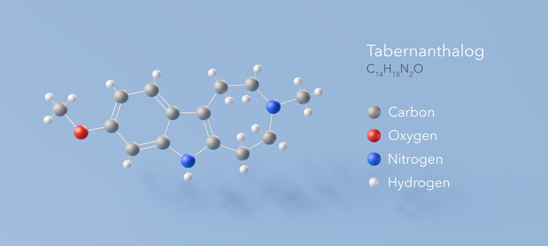 tabernanthalog molecule, molecular structure, non-hallucinogenic psychoplastogen 3d model, Structural Chemical Formula and Atoms with Color Coding