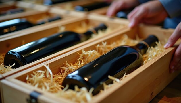 Hands pack luxury wine bottles into wooden crates. Bottles rest on straw filling for safe shipping and elegant gift presentation. Preparing beverage for delivery.