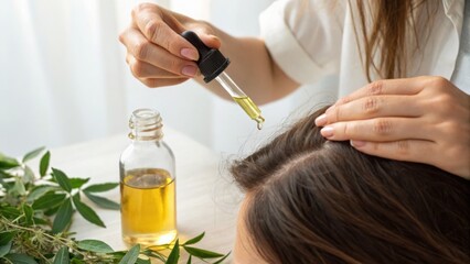 Fototapeta premium A person applies essential oil with a dropper onto the scalp, promoting hair care and natural treatment in a bright, clean setting with green leaves nearby.