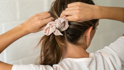 Fototapeta premium Woman tying her hair with a fabric scrunchie, seen from behind, showcasing casual hairstyle and relaxed posture.