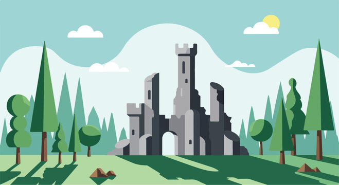 Medieval stone castle ruins in forest landscape, ancient fortress remains vector illustration, fantasy kingdom ruins with pine trees and clouds
