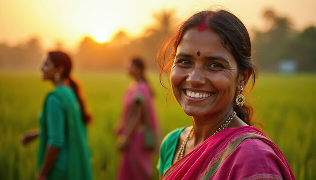 Indian woman smiles in field at sunset. Female farmer in rural India wears traditional saree. Light is golden warm, sun sets over green landscape, creating peaceful mood.