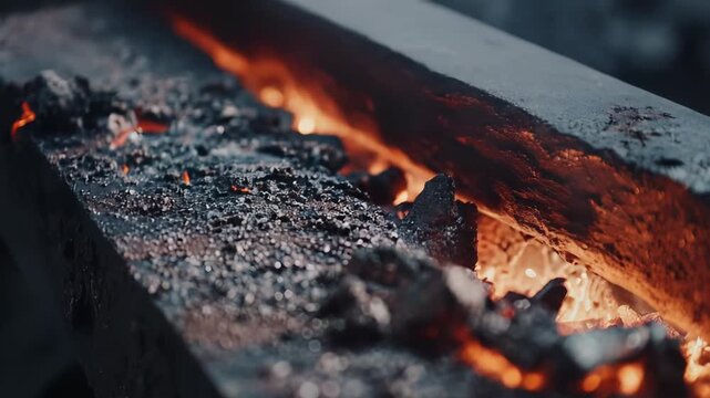 Hot coals burning brightly within an industrial furnace, creating intense heat and light for industrial processes and energy production, providing a textured background