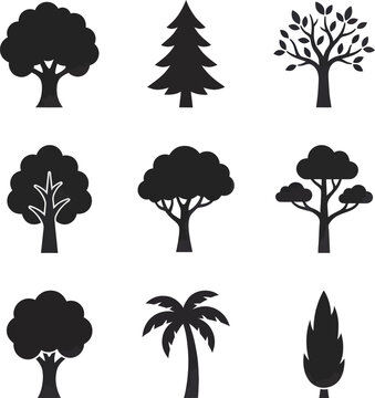 Various trees are illustrated in black vector silhouettes on white background