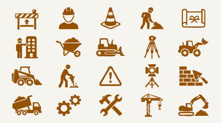 Construction and Building Icons Set: Workers, Tools, Equipment, and Safety Signs © Creative Layer