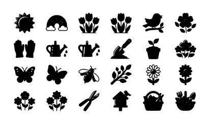 Fototapeta premium Spring season colorful icon set flowers leaves gardening and nature vector isolated on white background