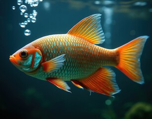 Fototapeta premium Bright orange and blue fish swims in dark blue water near bubbles. Aquatic life in ocean deep. This small colorful animal has scales fins and tail.