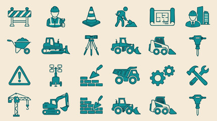 Construction site icons set with equipment, tools, workers, and machinery © Creative Layer