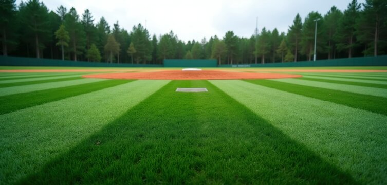 Green baseball diamond with brown infield and striped outfield grass. Tall pine trees border the sports field under cloudy sky. Empty stadium ready for game.