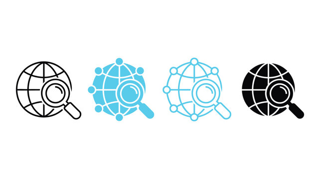 Globe with Magnifying Glass vector icon for internet search, seo optimization, travel location discovery and global website ui logo design.