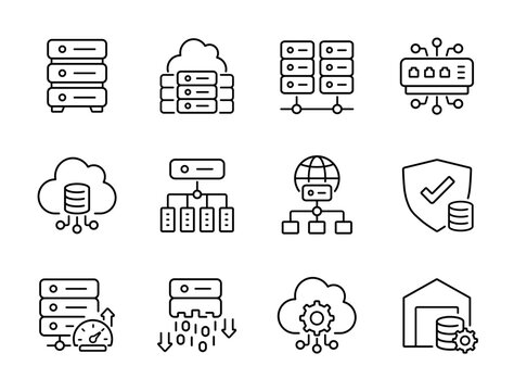 Data center icon set. Collection of server rack, cloud computing, network infrastructure and hosting storage line icon vector illustration with editable stroke.