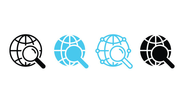 Globe with Magnifying Glass vector icon for internet search, seo optimization, travel location discovery and global website ui logo design.