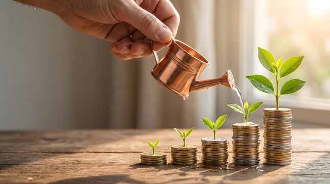 Financial growth and investment concept. Hand using a copper watering can to water small green plants growing on stacks of coins.