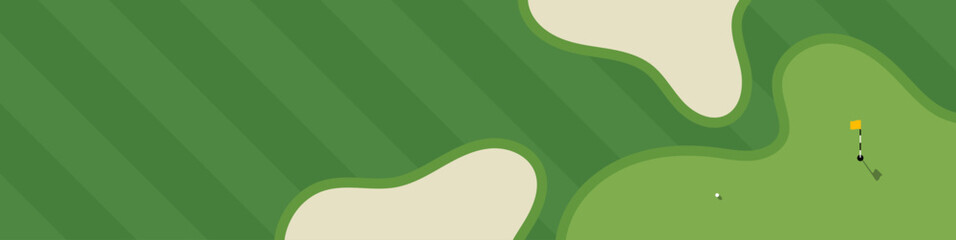Fototapeta na wymiar Golf course illustration. Flat style vector illustration of golf course with bunkers, putting green and flag. Golf course illustration with copy space for golfing poster, landing page, web banner.