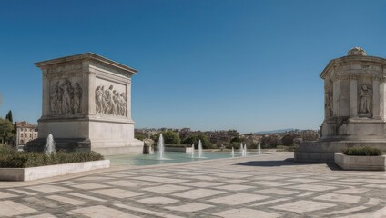 Obraz premium Classic Italian park with fountains, marble structures, and a distant cityscape under a clear sky