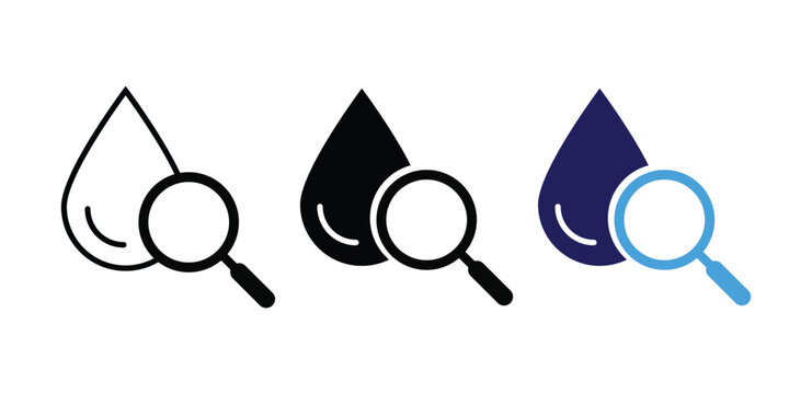 water research icon set. Magnifying glass with water drop. Searching Water or Oil Drop Analysis Icons. Laboratory test symbols. Liquid quality analysis sign.  
