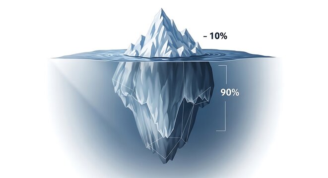 Large iceberg floating in the deep ocean showing ten percent above and ninety percent below water level. iceberg diagram
