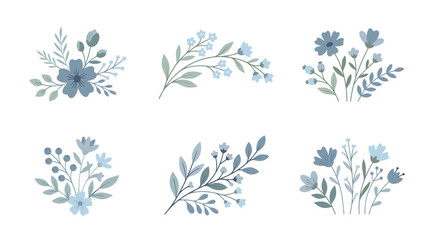 Fototapeta premium Collection of watercolor floral illustrations with soft blue tones