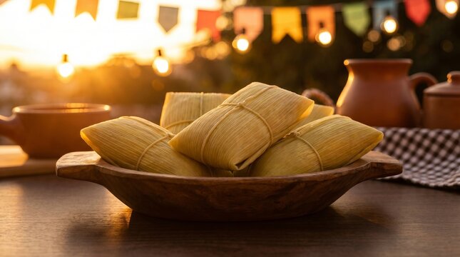 Traditional Brazilian Festa Junina table with fresh corn pamonha wrapped in corn husks and rustic festive foods