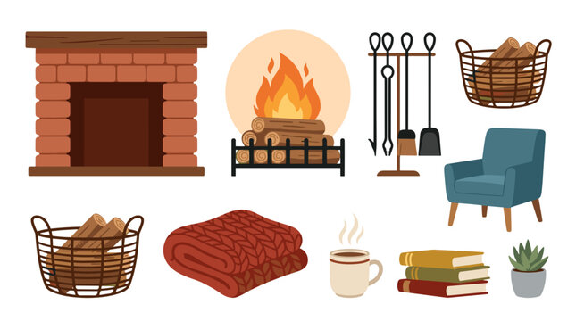 Collection of cozy home fireplace tools and accessories