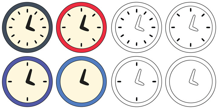 Hand-drawn cartoon and doodle set of clocks on a white background.