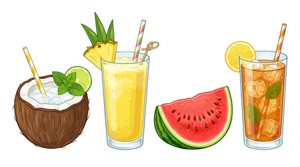 Fototapeta premium Collection of tropical fruit drinks with fresh ingredients and straws