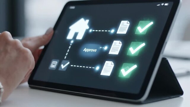 Digital real estate approval checklist and document process tablet screen with interactive icons for efficient property management