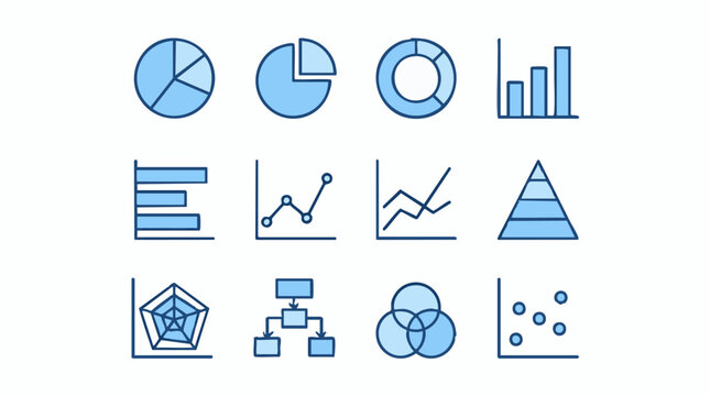 Data Visualization Charts and Infographic Icons Set in Blue