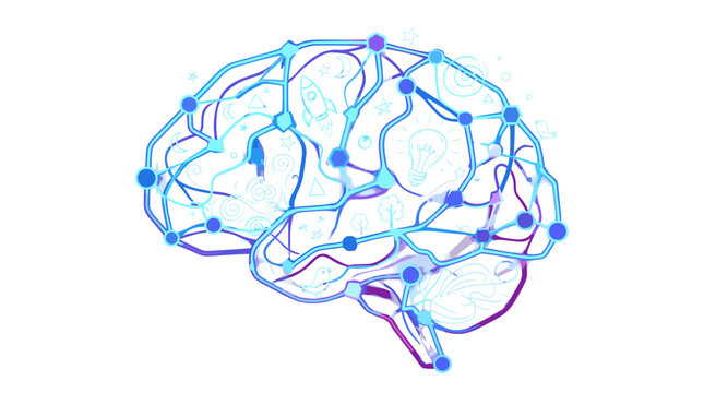 Illustration of a human brain with neural network connections and synapses