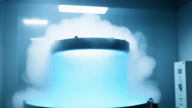 Cryogenic storage tank releasing dense vapor in a futuristic laboratory setting, indicating advanced scientific research and preservation techniques for medical and technological breakthroughs