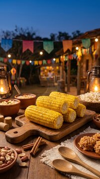 Traditional Brazilian Festa Junina table with steamed corn on the cob and rustic festival foods