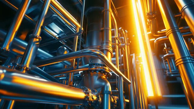 Steel pipes and connections forming a complex industrial network, illuminated by dynamic glowing light, symbolizing energy flow and technological processes in a modern plant