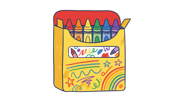 Colorful crayon box with assorted crayons and artistic doodles