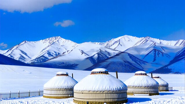 Yurts In Snowfield Under Snowy Mountains