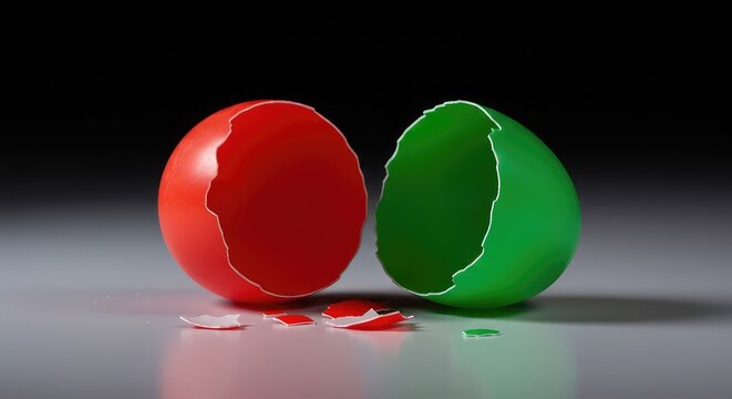 A brightly colored plastic egg cracked open revealing nothing inside, symbolizing a harmless prank or deception during a holiday search ,failure ,bright ,comedy
