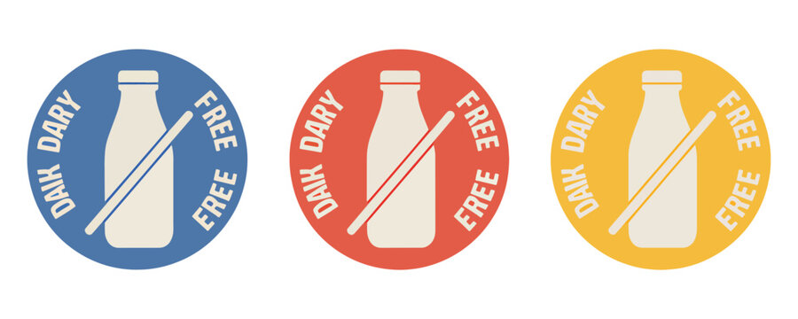 Dairy free icons, No dairy signs, Lactose free labels, Milk bottle symbols