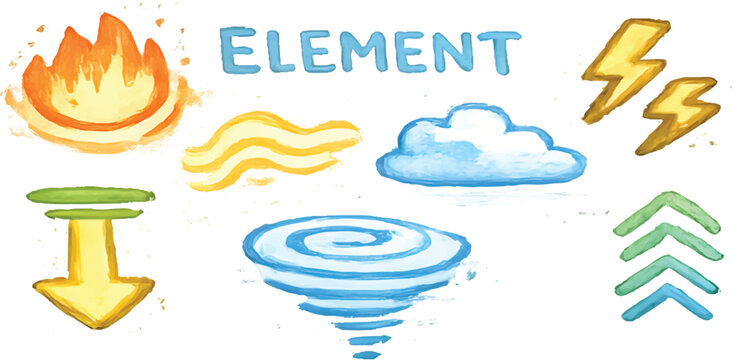 Creative hand drawn five elements symbol doodle illustration featuring fire, wind, water, lightning, earth, and abstract icons in watercolor object style. Great for educational graphics, concept art